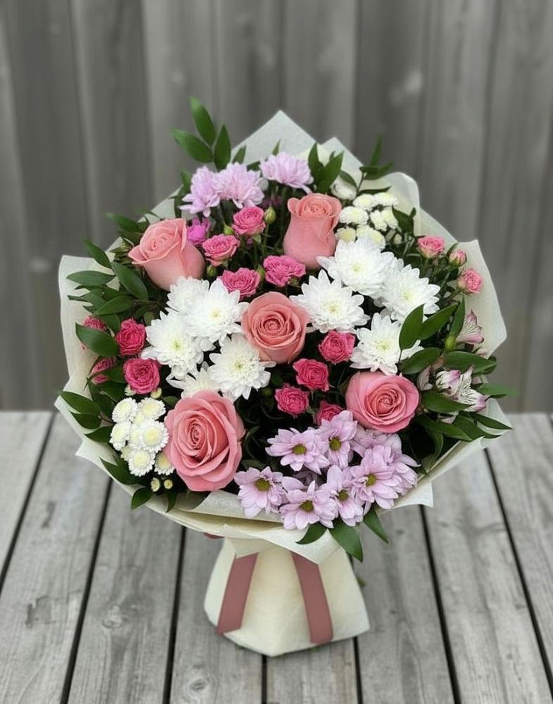 Букет цветов из: Альстромерии, Гвоздики, Розы и Хризантемы в Кожино