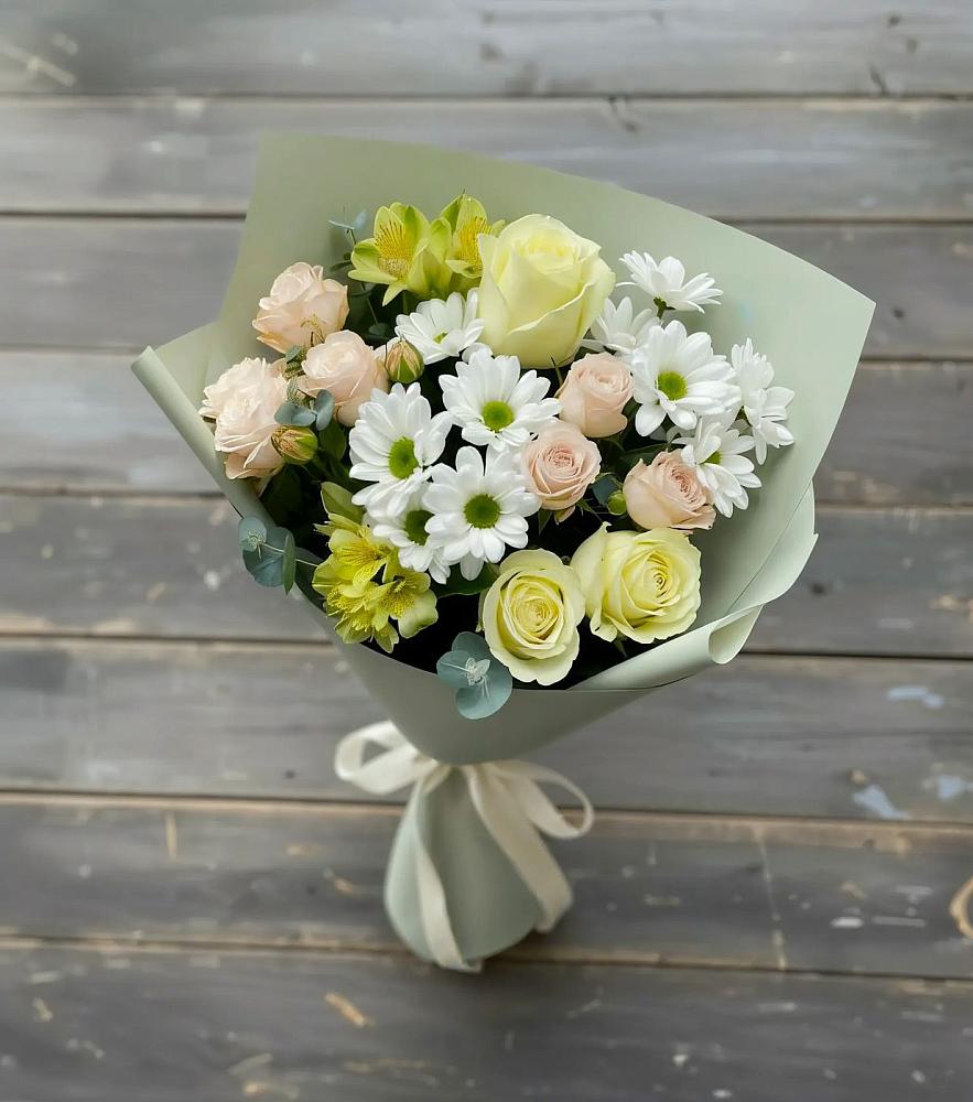 Букет цветов из: Альстромерии, Розы и Хризантемы в Кожино