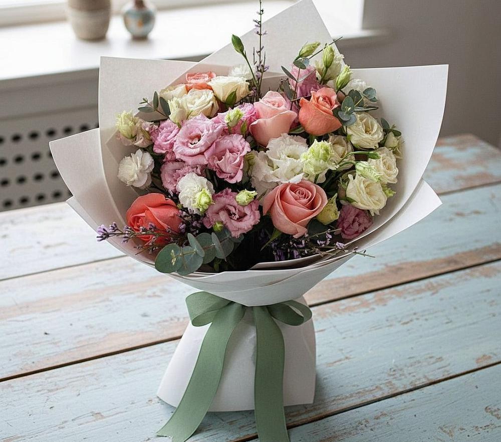 Букет цветов из: Розы, Лизиантусы и Гвоздики в Кожино