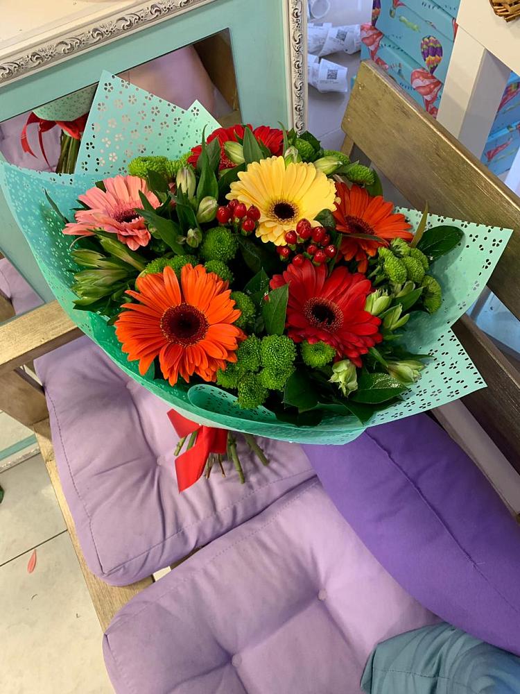 Букет цветов из: Герберы, Хризантемы и Альстромерии в Кожино