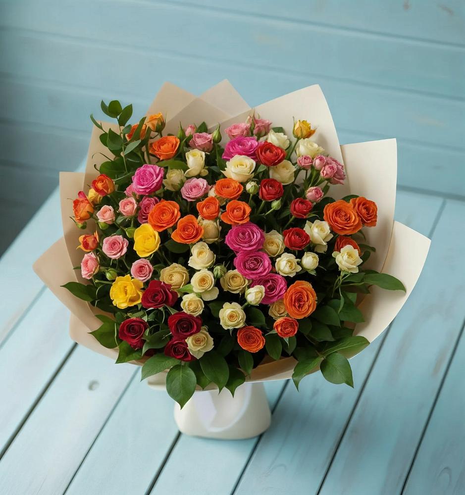 Букет Микс из разноцветных кустовых роз в Кожино