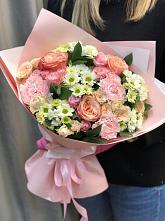 Букет нежные объятья в Кожино Букет цветов из: Гвоздики, Розы и Хризантемы в Кожино