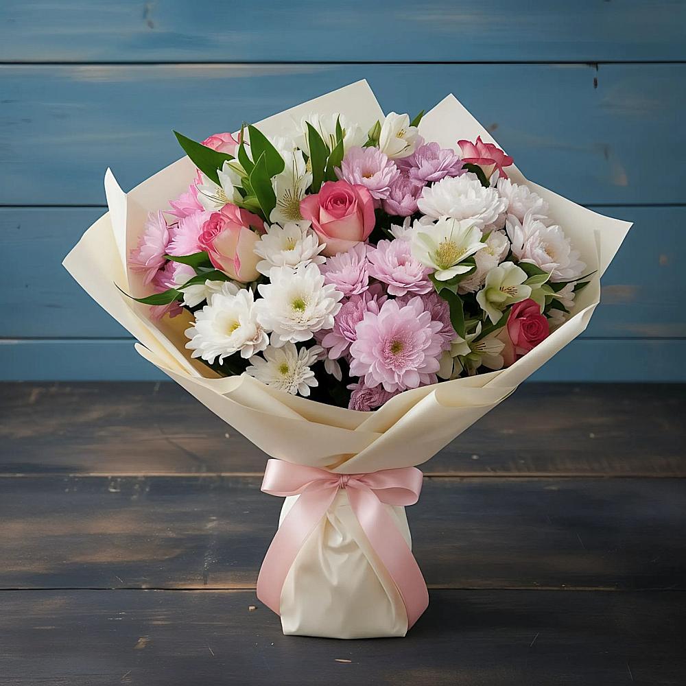 Букет цветов из: Хризантемы, Альстромерии и Розы в Кожино